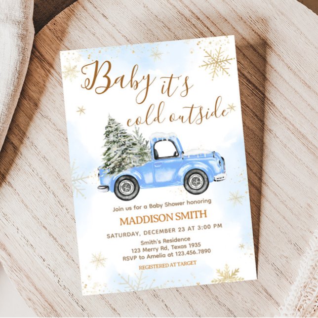 Invitation Baby shower de camion bleu d'hiver (Blue Baby It's Cold Outside Baby Shower Invitation)