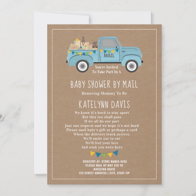 Invitation Baby shower De Camion Bleu Inspiré Par Carburant P (Devant)