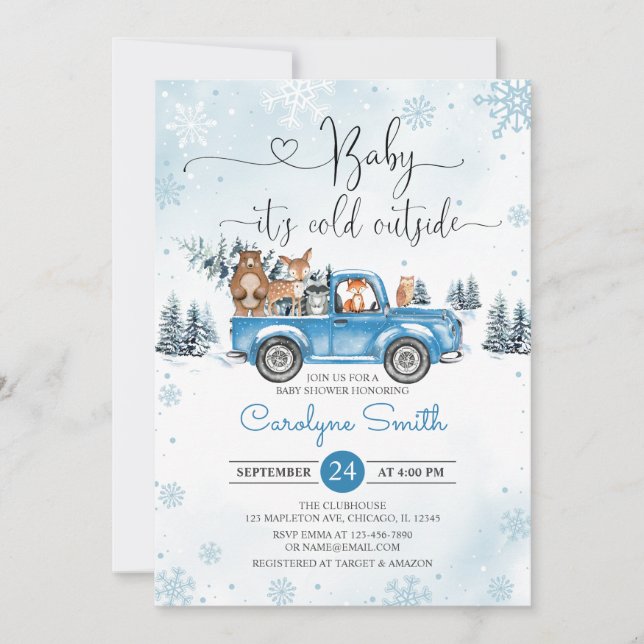 Invitation Baby shower de camion bleu Woodland d'hiver (Devant)