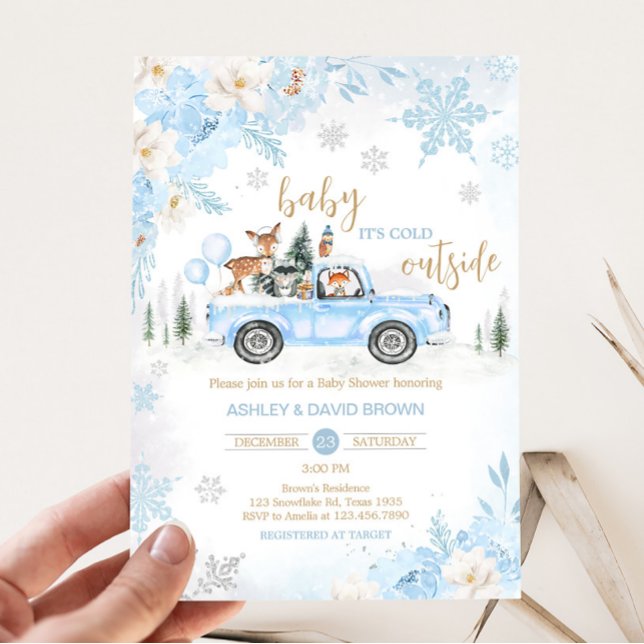Invitation Baby shower de camion Blue Winter Woodland (Blue Baby It's Cold Outside Baby Shower Invitation)