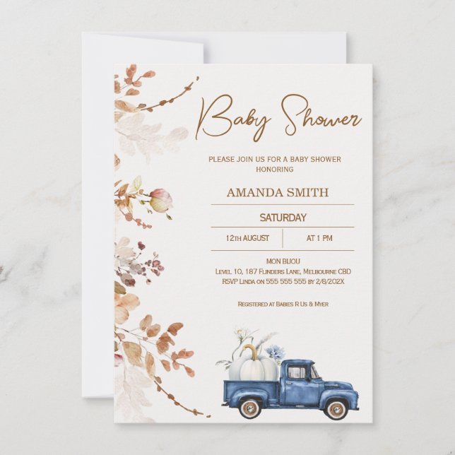 Invitation Baby shower de camion Brown Citrouille Beige (Devant)