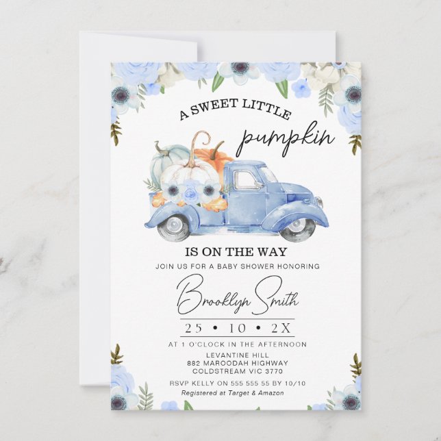 Invitation Baby shower de camion Citrouille Blue Floral Fall (Devant)