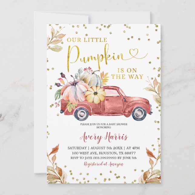 Invitation Baby shower de camion Citrouille rouge (Devant)