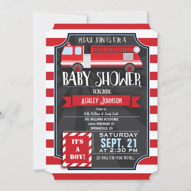 Invitation Baby shower de camion de pompier amusant, rouge et (Devant)