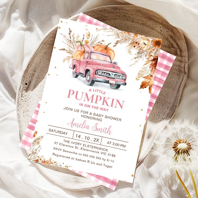 Invitation Baby shower de camion Fleur sauvage rose Citrouill (Editable Girls Pumpkin Truck Baby Shower Invitation Fall Harvest Pink Truck Autumn Baby Shower Girl)