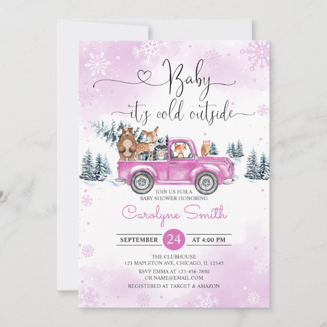 Invitation Baby shower de camion rose Woodland (Devant)