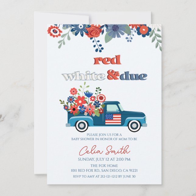Invitation Baby shower de camion rouge, blanc et plein de fle (Devant)