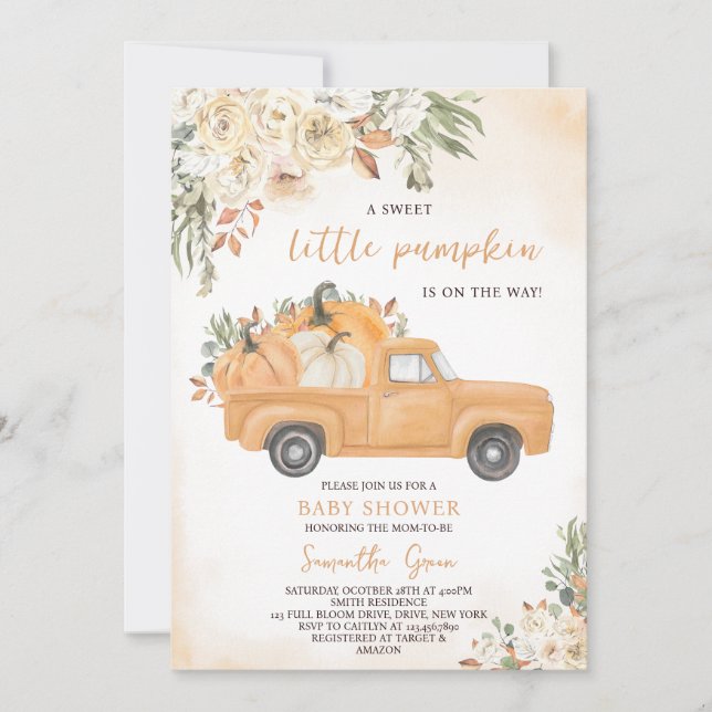 Invitation Baby shower de camions Citrouilles neutres selon l (Devant)