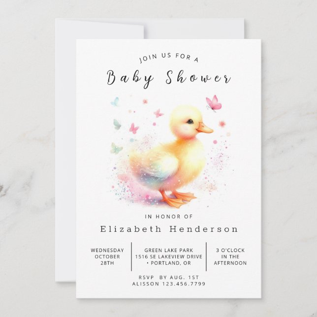 Invitation Baby shower de canard à aquarelle modifiable (Devant)