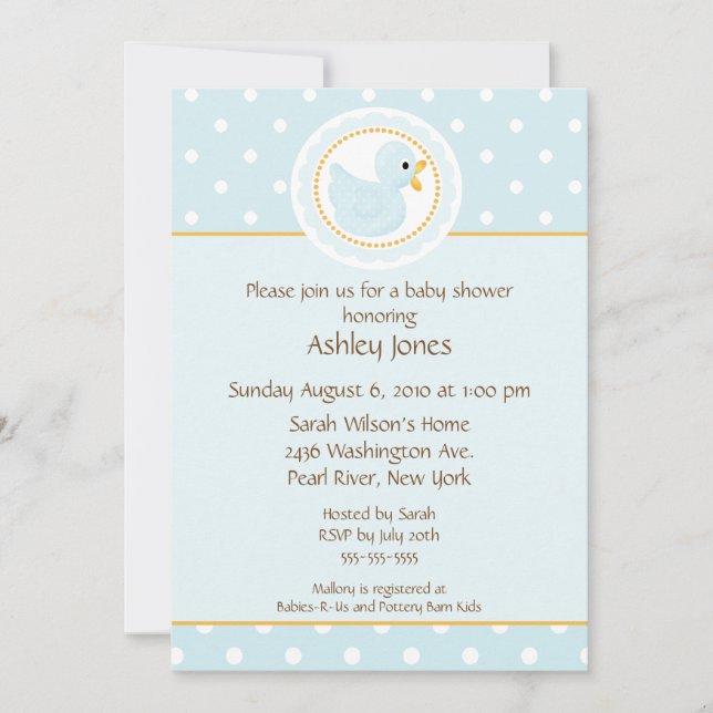 Invitation Baby shower de canard bleu sucré (Devant)