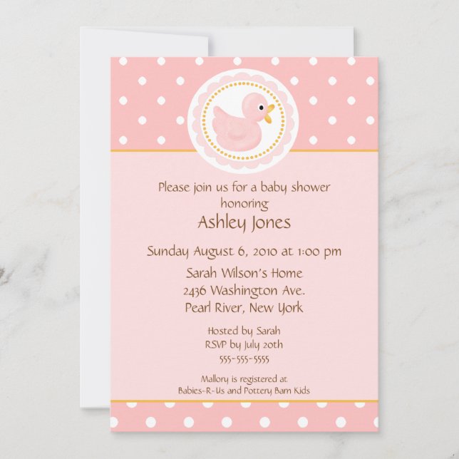 Invitation Baby shower de Canard rose (Devant)