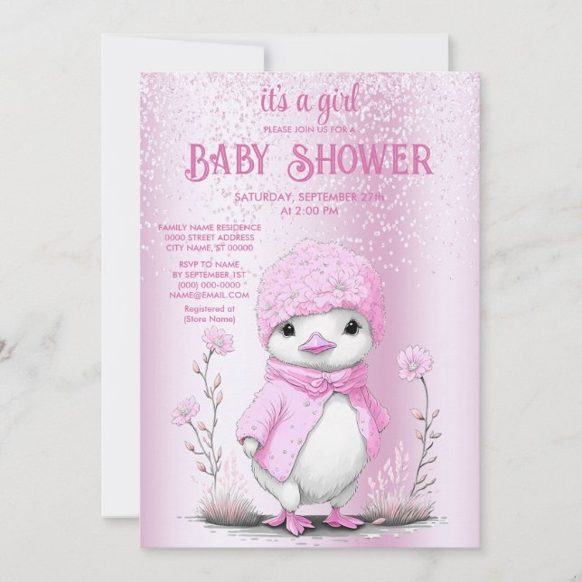 Invitation Baby shower de canard rose (Devant)