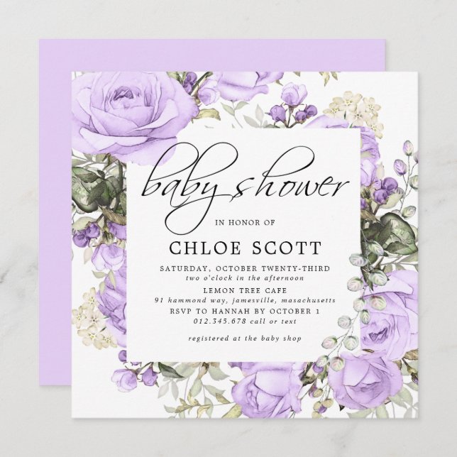 Invitation Baby shower de Carré Floral Rose violet (Devant / Derrière)