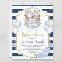 Invitation Baby shower de carrousel bleu et or Mar