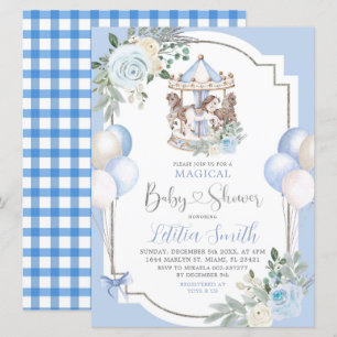 Invitation Baby shower de carrousel magique bleu et argent