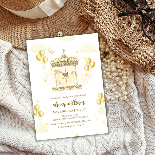 Invitation Baby shower de carrousel magique Gold Elegant (Gold Elegant Magical Balloon Carousel Baby Shower Invitation)