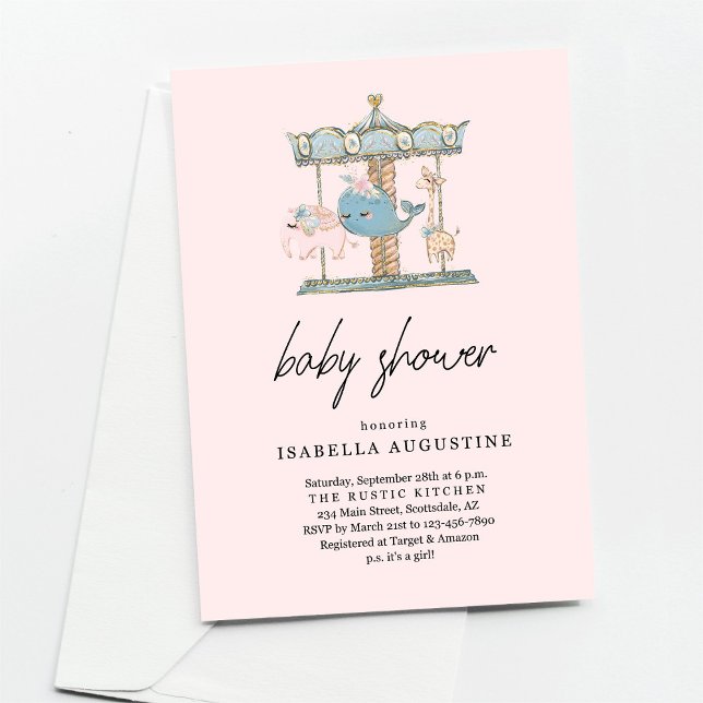 Invitation Baby shower de carrousel rose pour fill (Créateur téléchargé)