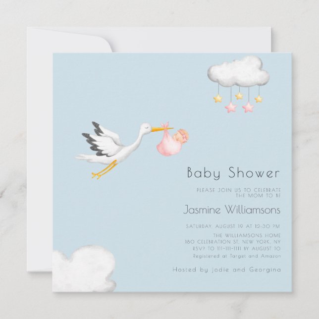 Invitation Baby shower de ceinture de cigogne minimal mignon (Devant)