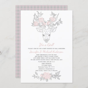 Invitation Baby shower de cerf de fille rose grise par la pos