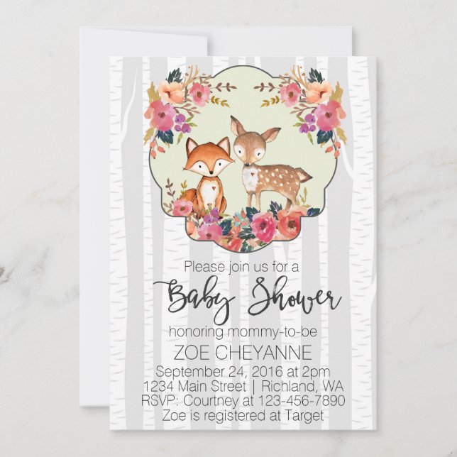 Invitation Baby shower de cerfs communs et de Fox de bébé de (Devant)