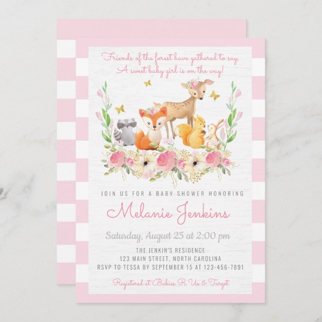 Invitation Baby shower de cerfs de Fille Woodland (Devant / Derrière)