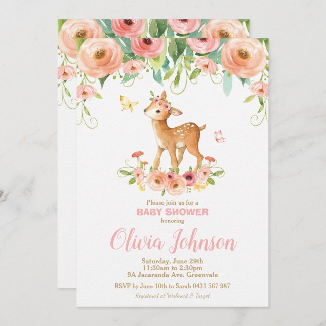 Invitation Baby shower de cerfs de fleurs Animaux de forêt Pe (Devant / Derrière)