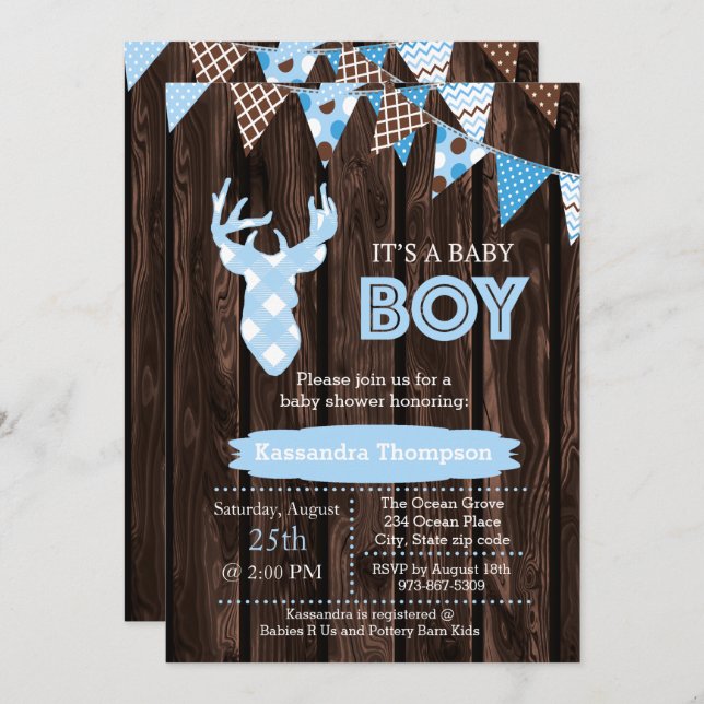 Invitation Baby shower de cerfs en bois bleu rusti (Devant / Derrière)