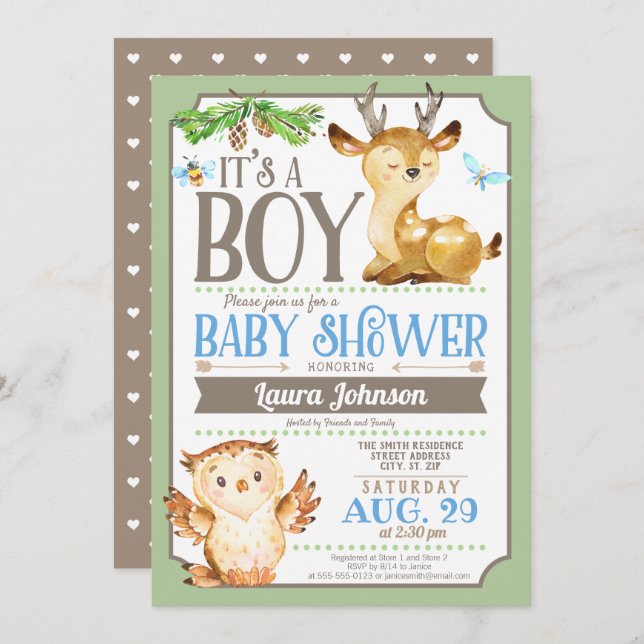 Invitation Baby shower de cerfs et de hibou de boi (Devant / Derrière)