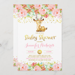 Invitation Baby shower de cerfs Floral Pink & Gold