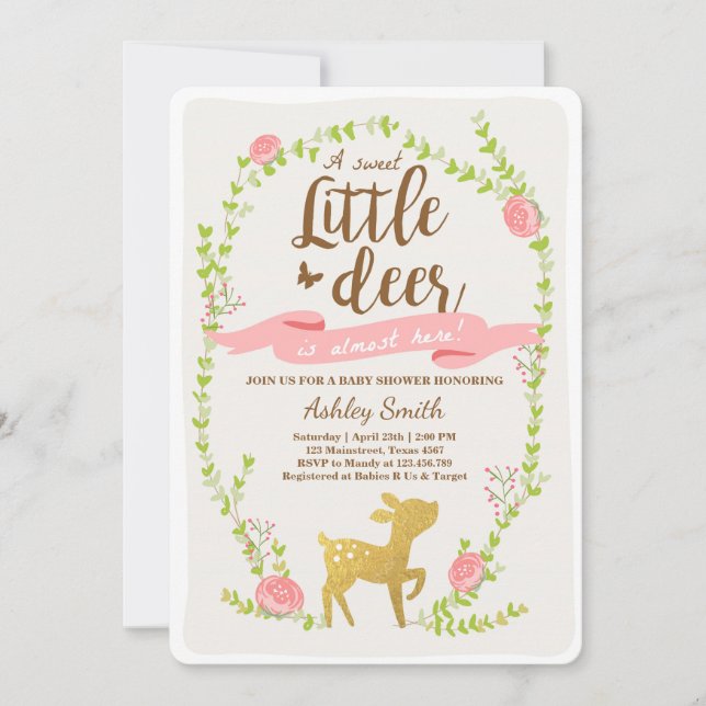 Invitation Baby shower de cerfs inviteWoodland Girl or rose (Devant)