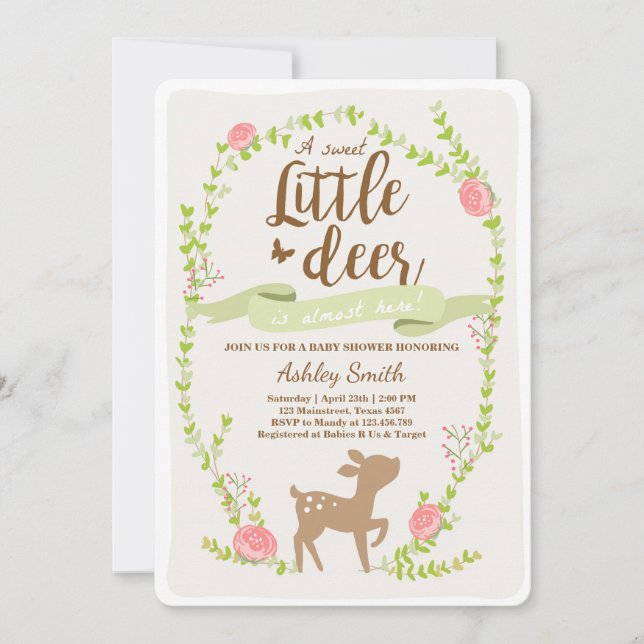 Invitation baby shower de cerfs Woodland Girl rose (Devant)