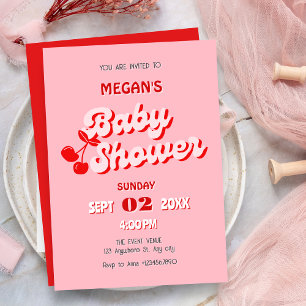 Invitation Baby shower de cerise super rose rouge rétro