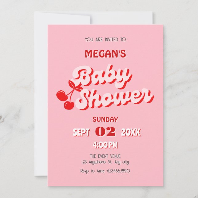 Invitation Baby shower de cerise super rose rouge rétro (Devant)