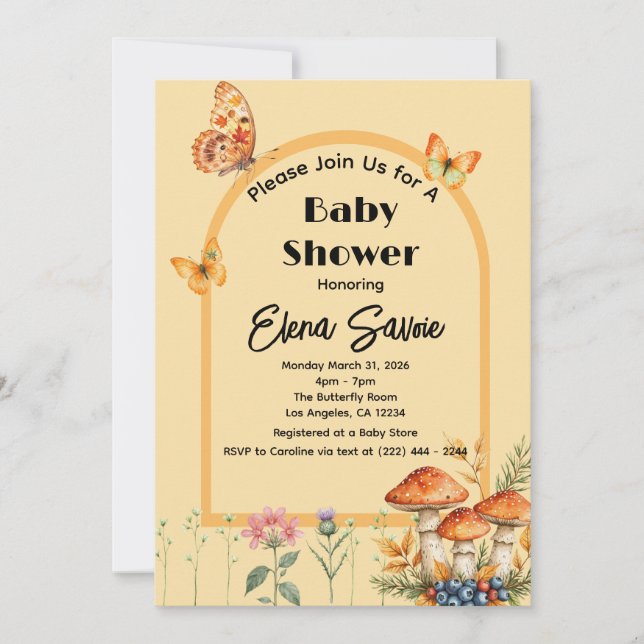 Invitation Baby shower de champignons à papillon de la Crème  (Devant)