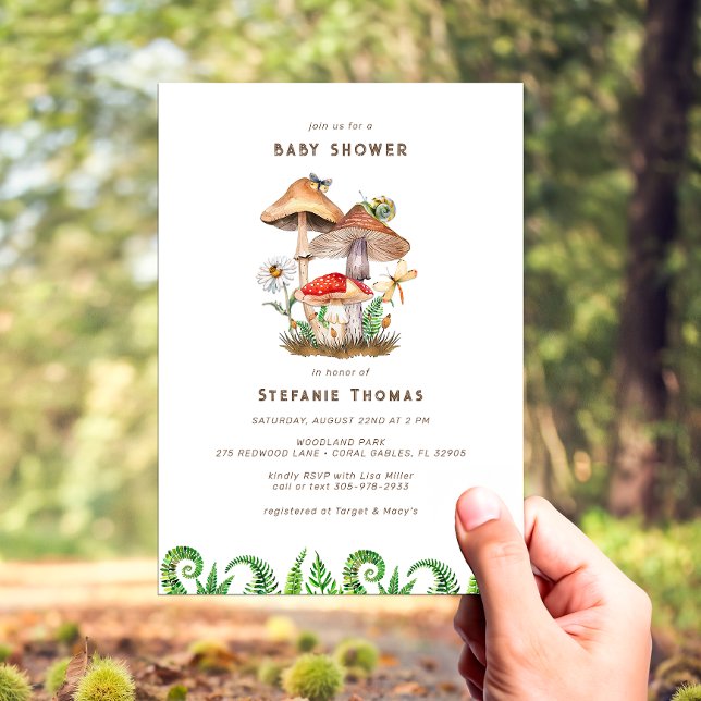Invitation Baby shower de champignons d'aquarelle enchanté In (Mushroom & Insects Woodland Baby Shower Invite)
