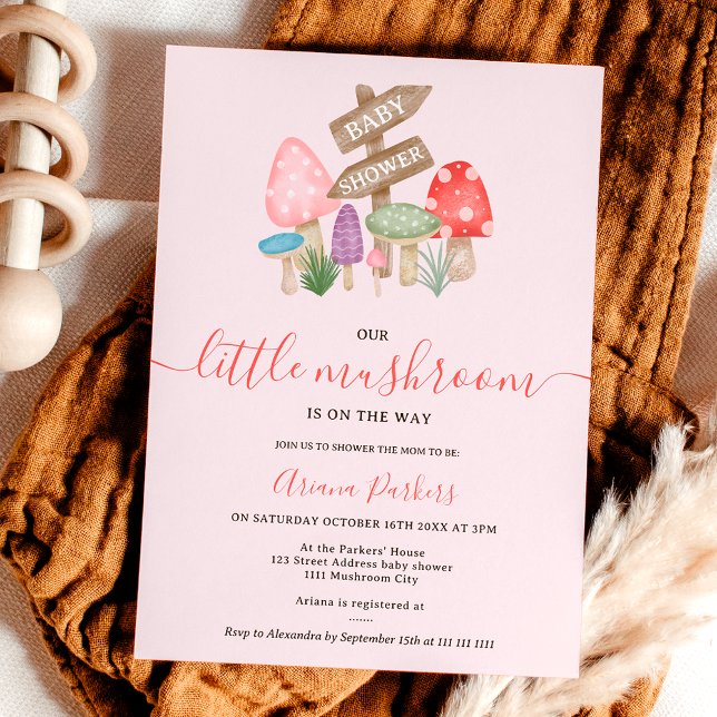 Invitation Baby shower de champignons des bois de fée de mûre (Cute fall fairy woodland mushrooms baby shower invitation on light pink)