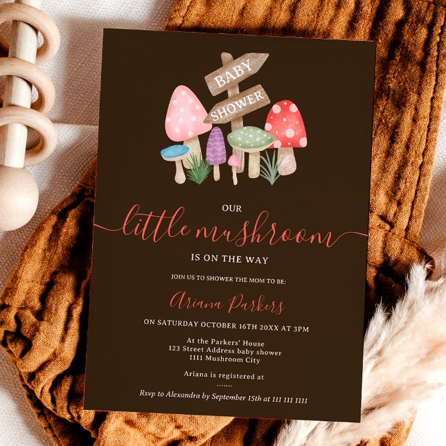 Invitation Baby shower de champignons des bois de fée de mûre (Cute fall fairy woodland mushrooms baby shower invitation on dark brown)