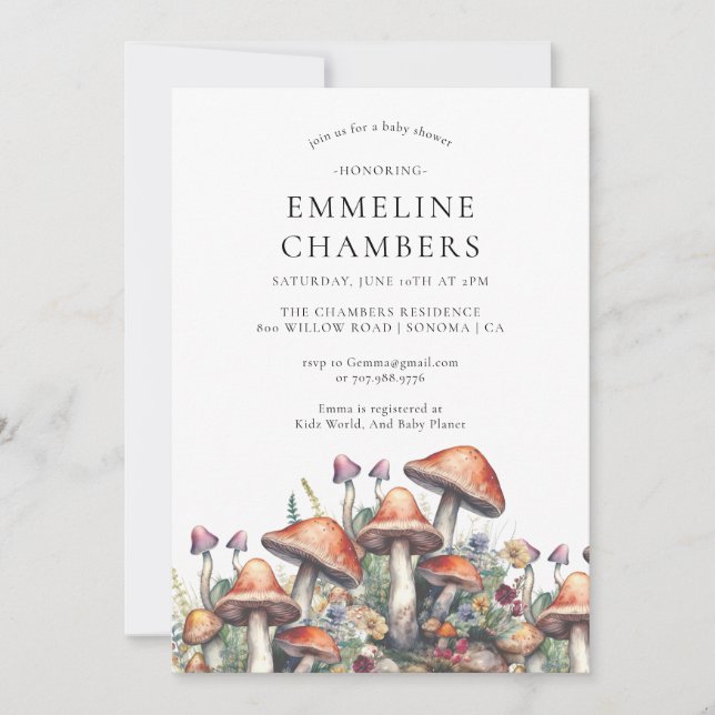 Invitation Baby shower de champignons forestiers enchantés (Devant)