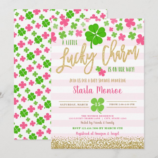 Invitation Baby shower de charme chanceux de la Saint Patrick (Devant / Derrière)