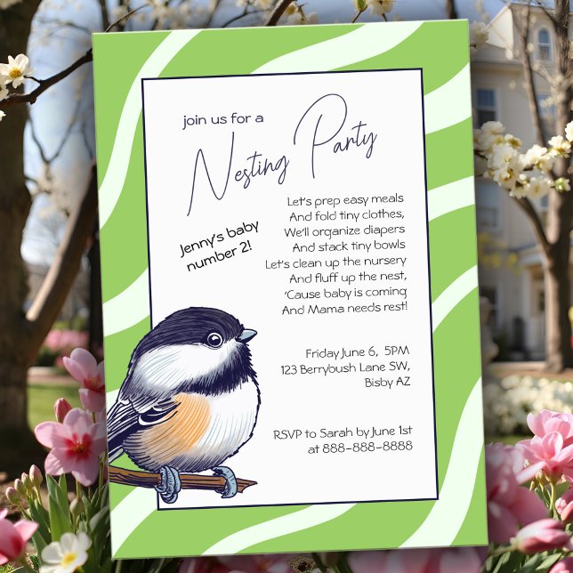 Invitation Baby shower de charme Chickadee Green Nesting Part (Chickadee Nesting Party Invitation with playful poem & soft green stripes for supportive baby shower)