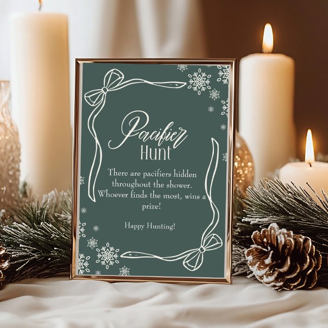 Invitation Baby shower de chasse écologique Coquette d'hiver (Green Winter Coquette Pacifier Hunt Baby Shower sign)