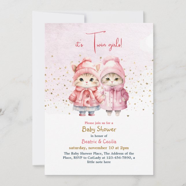 Invitation Baby shower de chat pour fille jumelle (Devant)