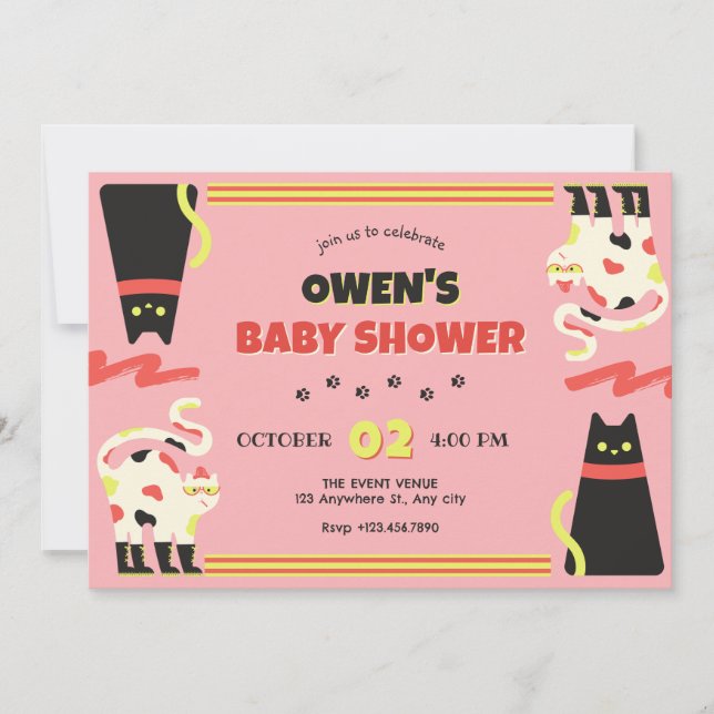 Invitation Baby shower de chat rétro rose noir (Devant)
