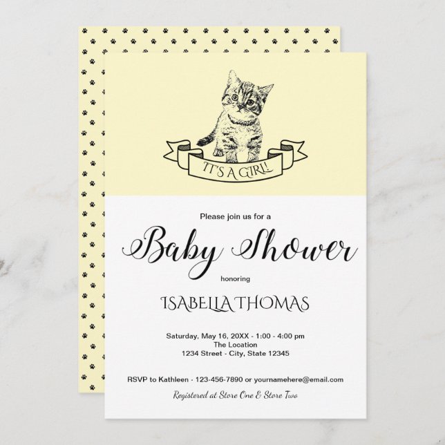 Invitation Baby shower de chaton mignon jaune (Devant / Derrière)