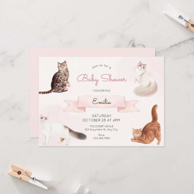 Invitation Baby shower de chats mignons (Devant/Arrière en situation)