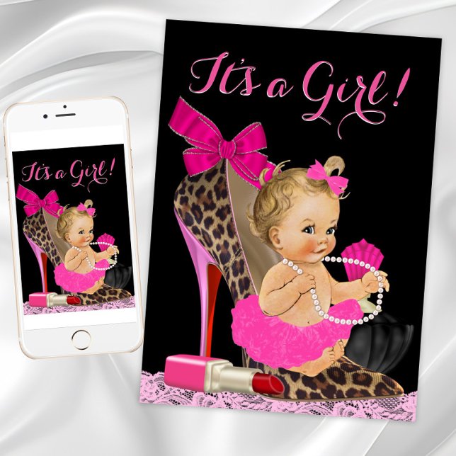 Invitation Baby shower de chaussure Leopard rose chaud (Hot Pink Leopard High Heel Shoe Baby Shower Invitation. Instant download & printed invitations.)