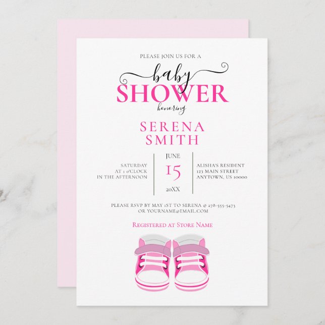 Invitation Baby shower de chaussures pour bébé mignonne ROSE (Devant / Derrière)
