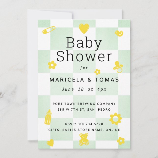 Invitation Baby shower de chèque vert et jaune à la menthe (Devant)