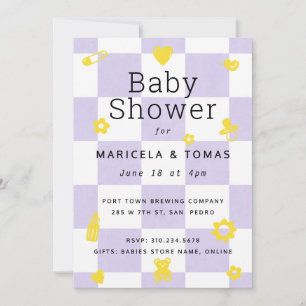 Invitation Baby shower de chèque violet et jaune