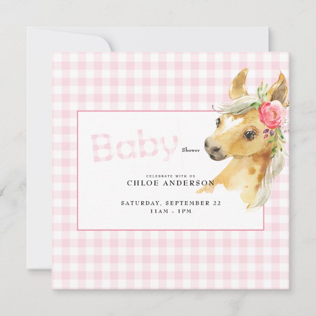 Invitation Baby shower de cheval rose En vichy Carré (Devant)